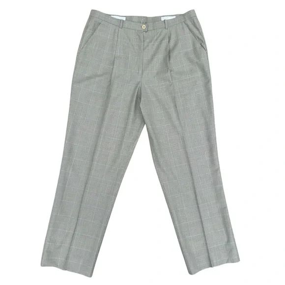 Escada Womens Wool Pants Sz 14 Pleated Tapered Leg Plaid Print Preppy Academia